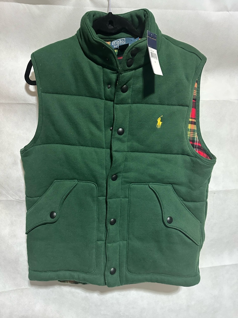 VTG Polo Ralph Lauren Puffer Vest Mens S Quilted Flannel Plaid Lined Green Pony